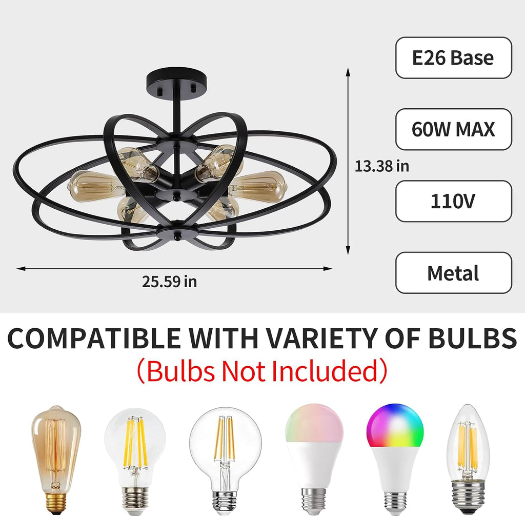 Semi Flush Mount Ceiling Light Fixture Chandelier 6-Light Kitchen Ceiling Lights 25'' Black Farmhouse Chandelier