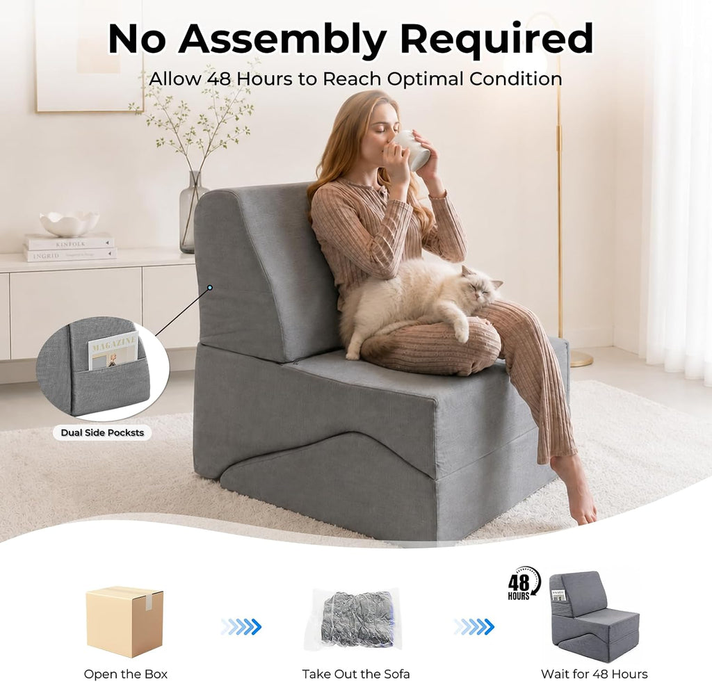 Yoga Chaise Lounge Chair Indoor, 3-in-1 Convertible Boneless Couch Bed | Corduroy Floor Sofa with Memory Foam, Zero