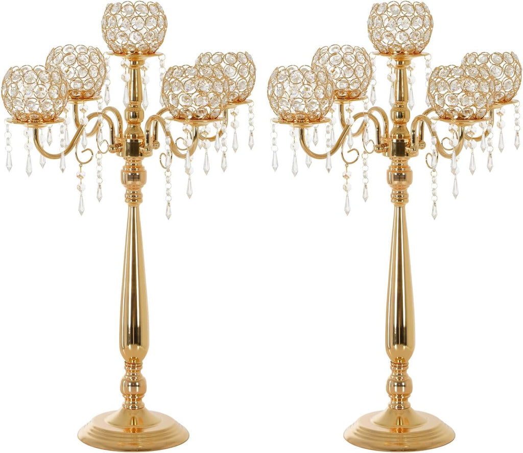 2Sets 5 Arm Gold Crystal Candelabra Centerpieces for Table,29.5 Inch Tall Metal Candlestick Holdersrty Table Decoration