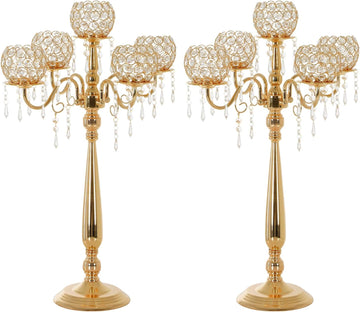 2Sets 5 Arm Gold Crystal Candelabra Centerpieces for Table,29.5 Inch Tall Metal Candlestick Holdersrty Table Decoration