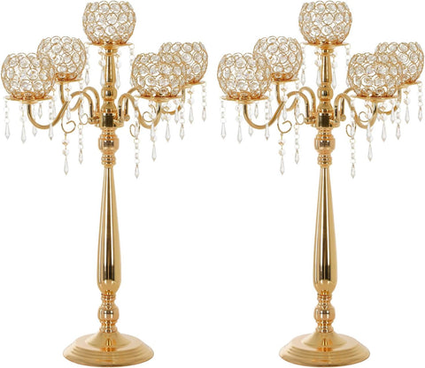 2Sets 5 Arm Gold Crystal Candelabra Centerpieces for Table,29.5 Inch Tall Metal Candlestick Holdersrty Table Decoration