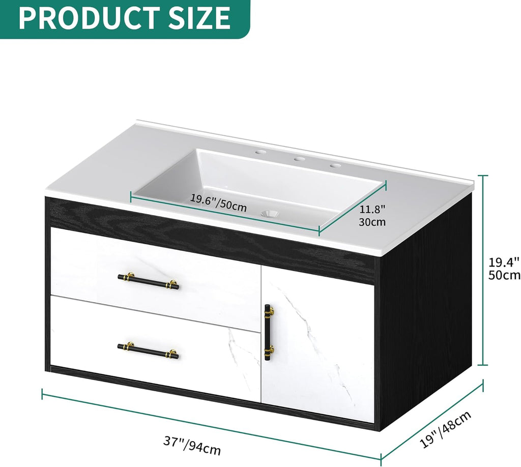 36 Floating Vanity with Sink, Wall Mounted Bathroom Cabinet Vanity with Soft-Close System Cabinet, Marble Pattern