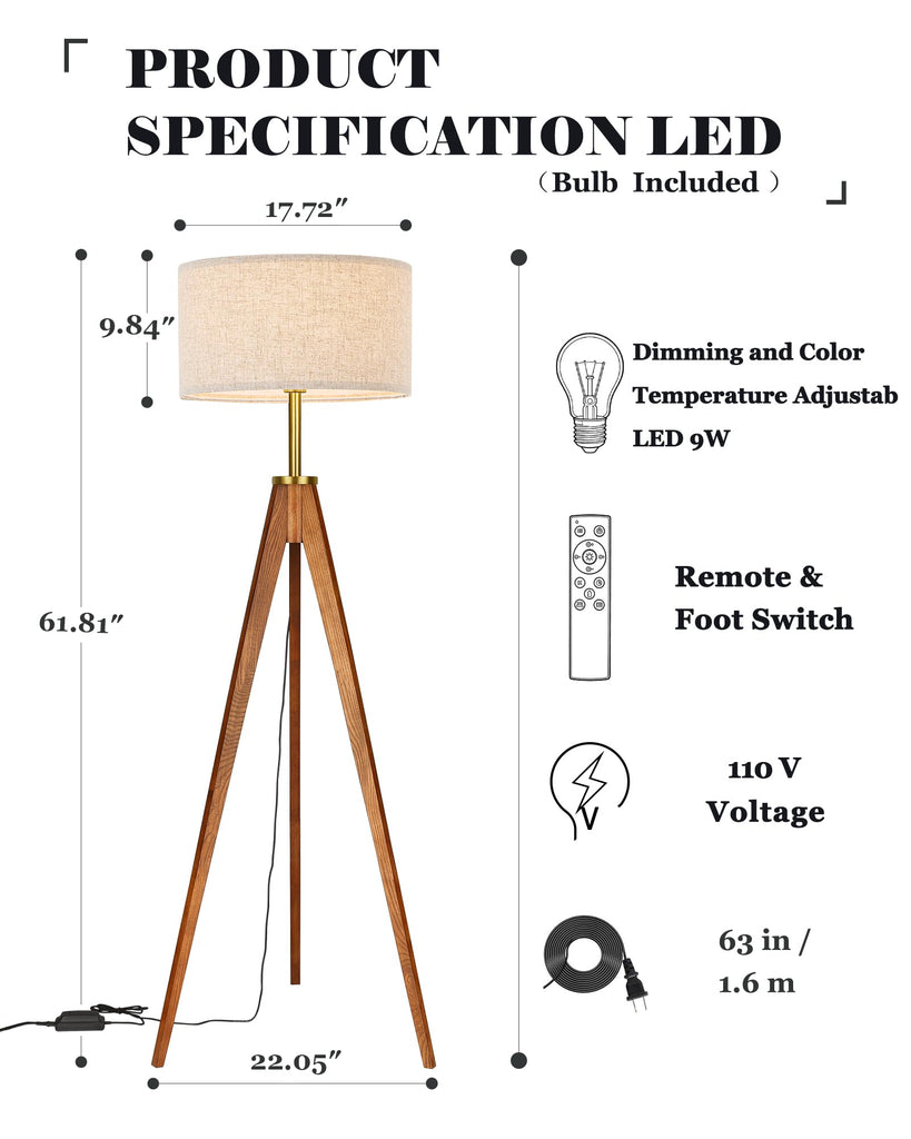 Floor Lamp, Solid Ash Wood Tripod Floor Lamp with Remote Control, Stepless Dimmable Standing Lamp, Tall Lamp