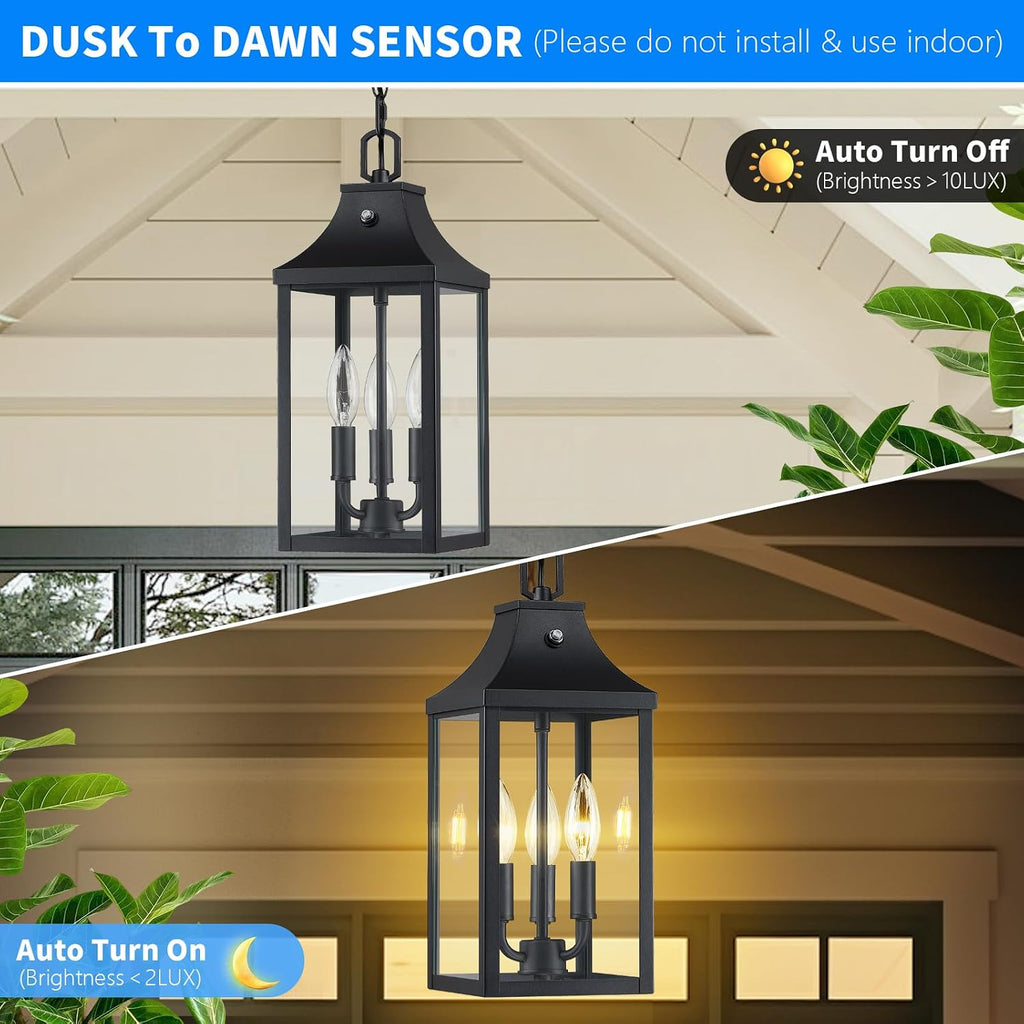 Large Outdoor Pendant Light Fixtures 3-Light, 15'' Dusk to Dawn Exterior Hanging Lantern Porch Light Adjustable
