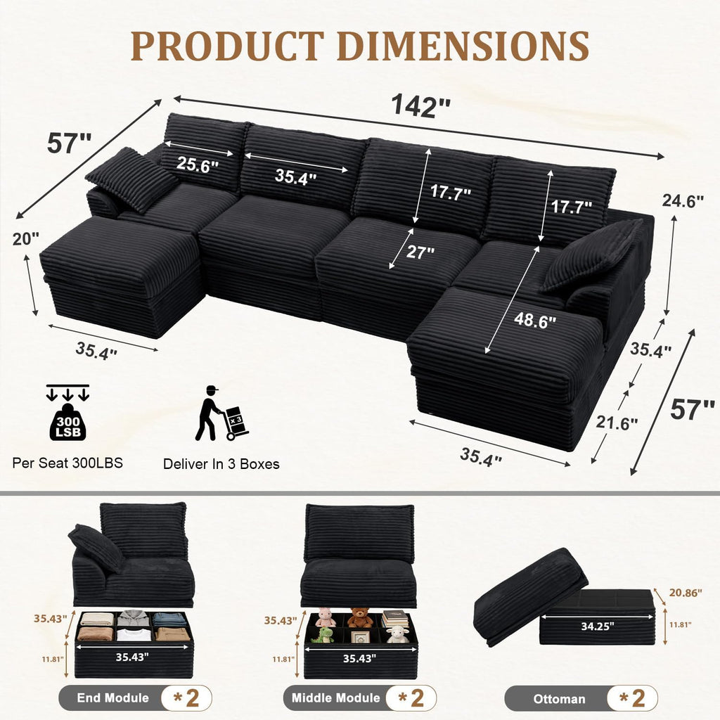 Upgrade Boneless Couch with Storage, Extra Deep&High Seat Modular Sectional Sofa 4 Seater U Shaped Cloud Couch with