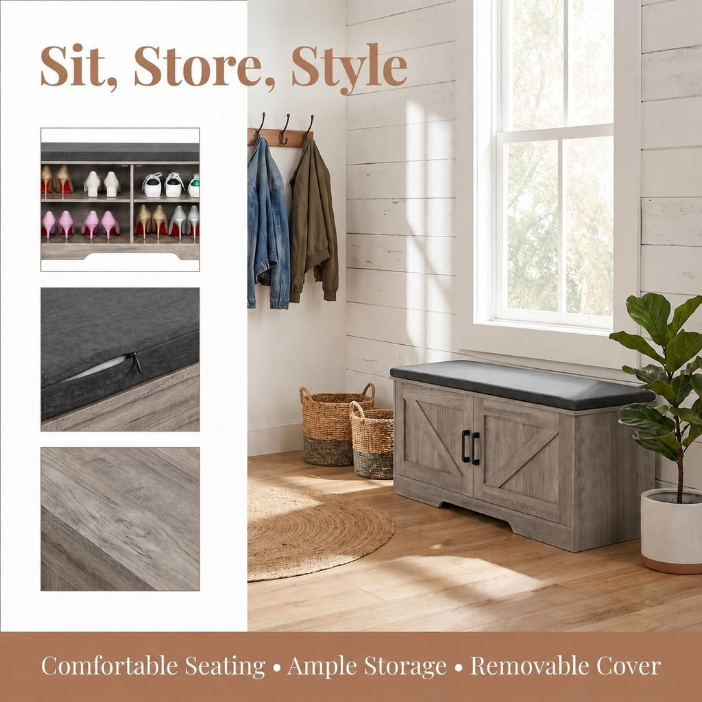 Farmhouse Shoe Storage Bench with 2 Barn Doors & Padded Seat Cushion | 39.4" Wide Entryway Bench with Adjustable