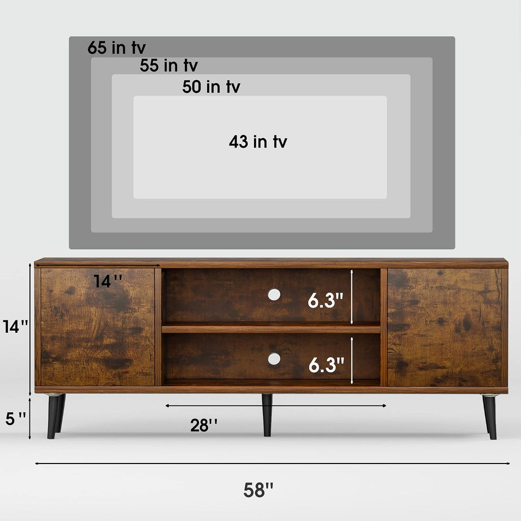 TV Stand for 65 Inch TV, Mid Century Modern TV Stand, Entertainment Center with Storage Cabinet and Open Shelves, TV