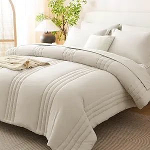 Queen Comforter Set Beige - 7 Pieces Vertical Quilted Bed in a Bag - Set of 7