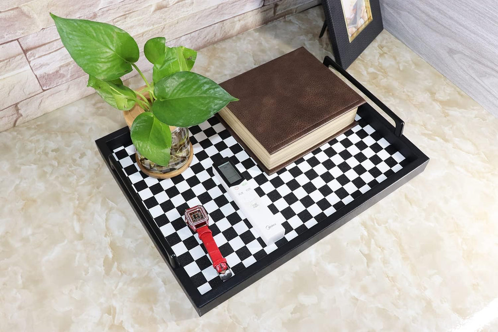 Living Room Coffee Table Decorative Tray, Food Service Tray, Leather Ottoman Tray,with Metal Handles 16.5 x 12.6 in
