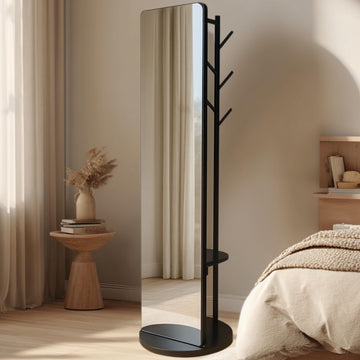 Rotating Solid Wood Full Length Mirror with Coat Rack, 65x14" Shatterproof Floor Mirror with Storage Clothes Rack