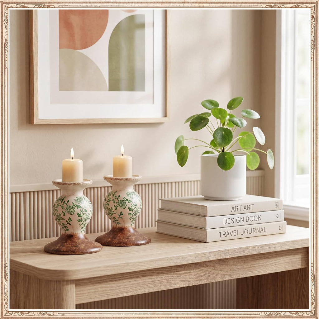 2 Pcs Terracotta Pillar Candle Holders Floral Sculptural Taper Candlestick Rustic Farmhouse Decorative Candleholders