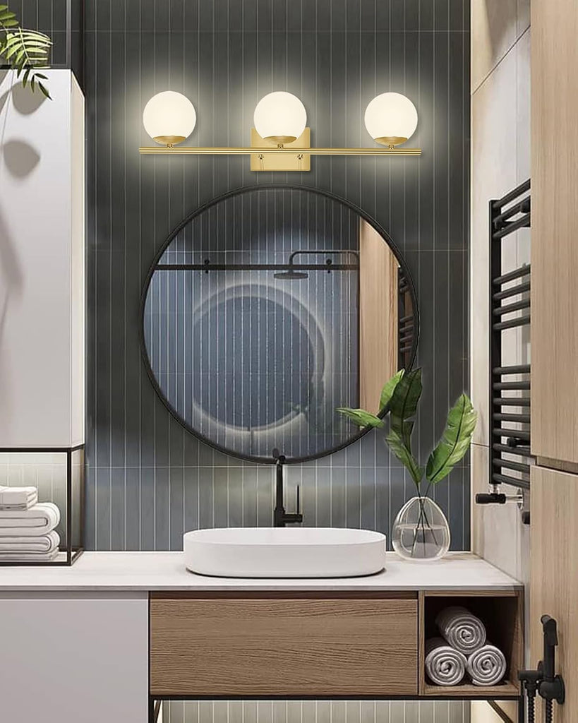 Brushed Brass Bathroom Vanity Light fixtures,24'' 3 Lights Modern Globe Glass Shade Wall Sconce for Over Mirror, Damp