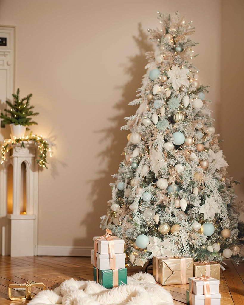 Pre-lit Snow Flocked Christmas Tree Spruce with Remote Control, 600 Warm White Multi-Color Lights, Artificial