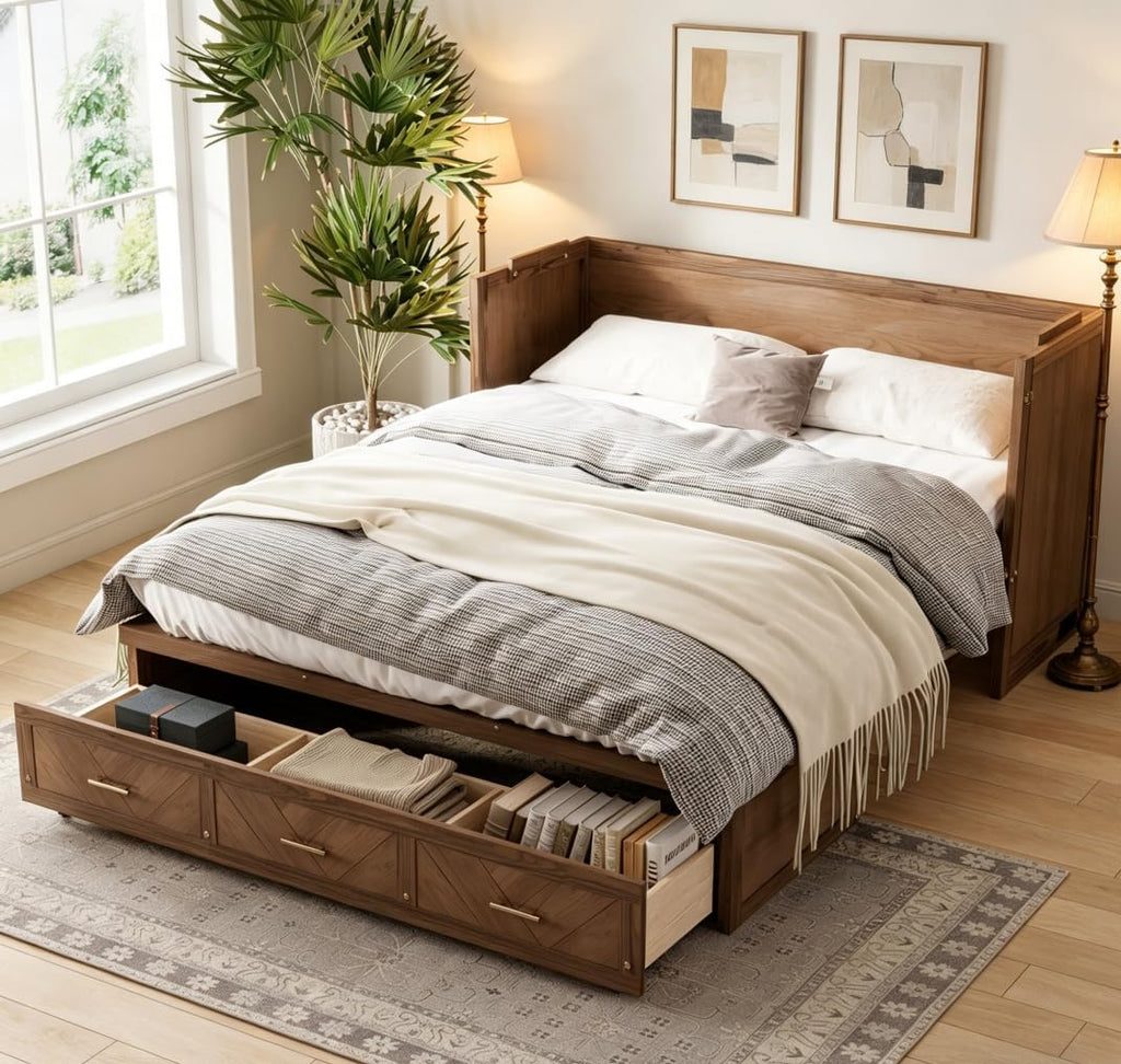 Queen Murphy Bed with Charging Station and Storage, Farmhouse Murphy Bed with Foldable Panel for Guest Bedroom