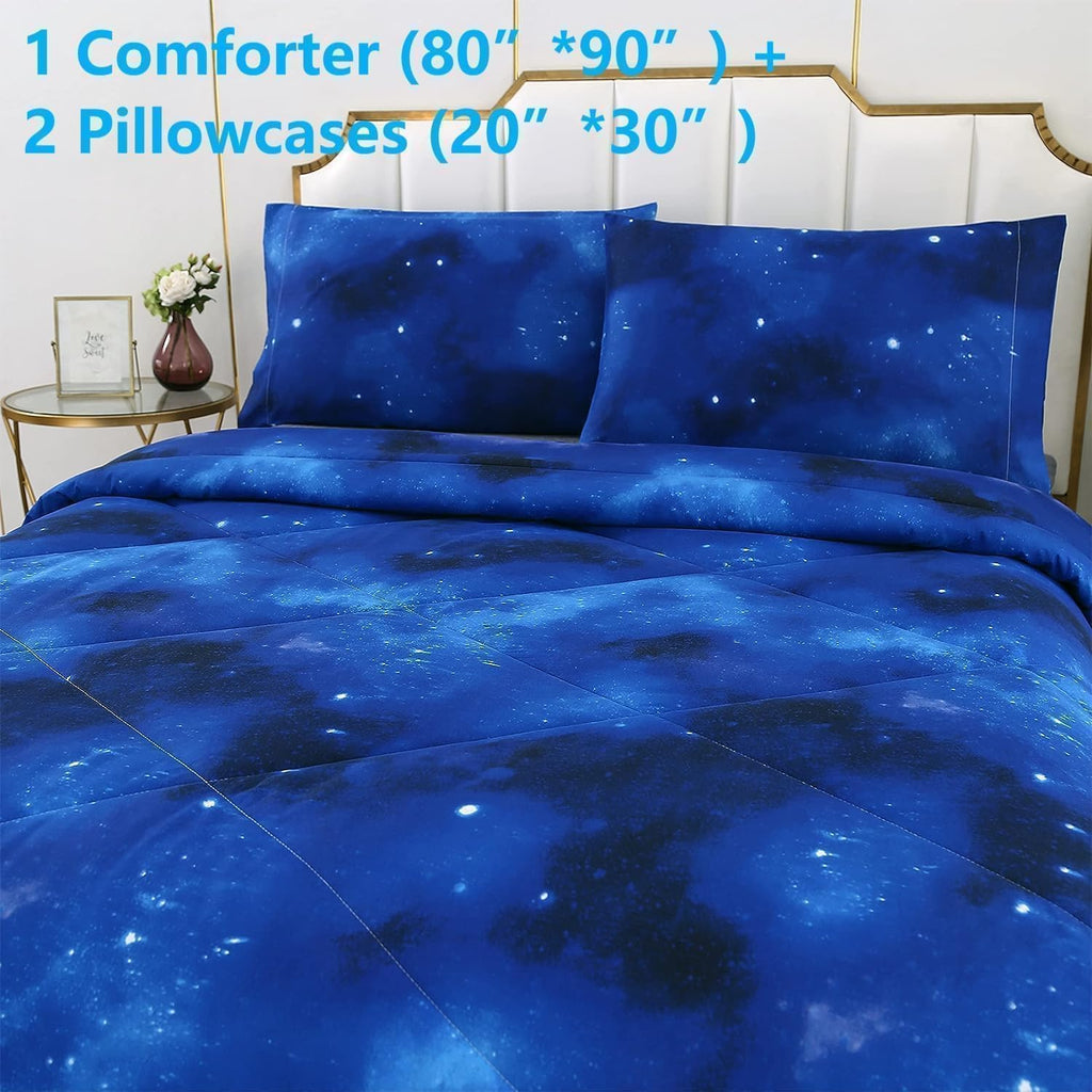 Blue Galaxy Comforter Set Full 3 Pieces, Soft Microfiber Lightweight Blue Space Comforter Full, Galaxy Bedding for Boys Girls Kids Teens