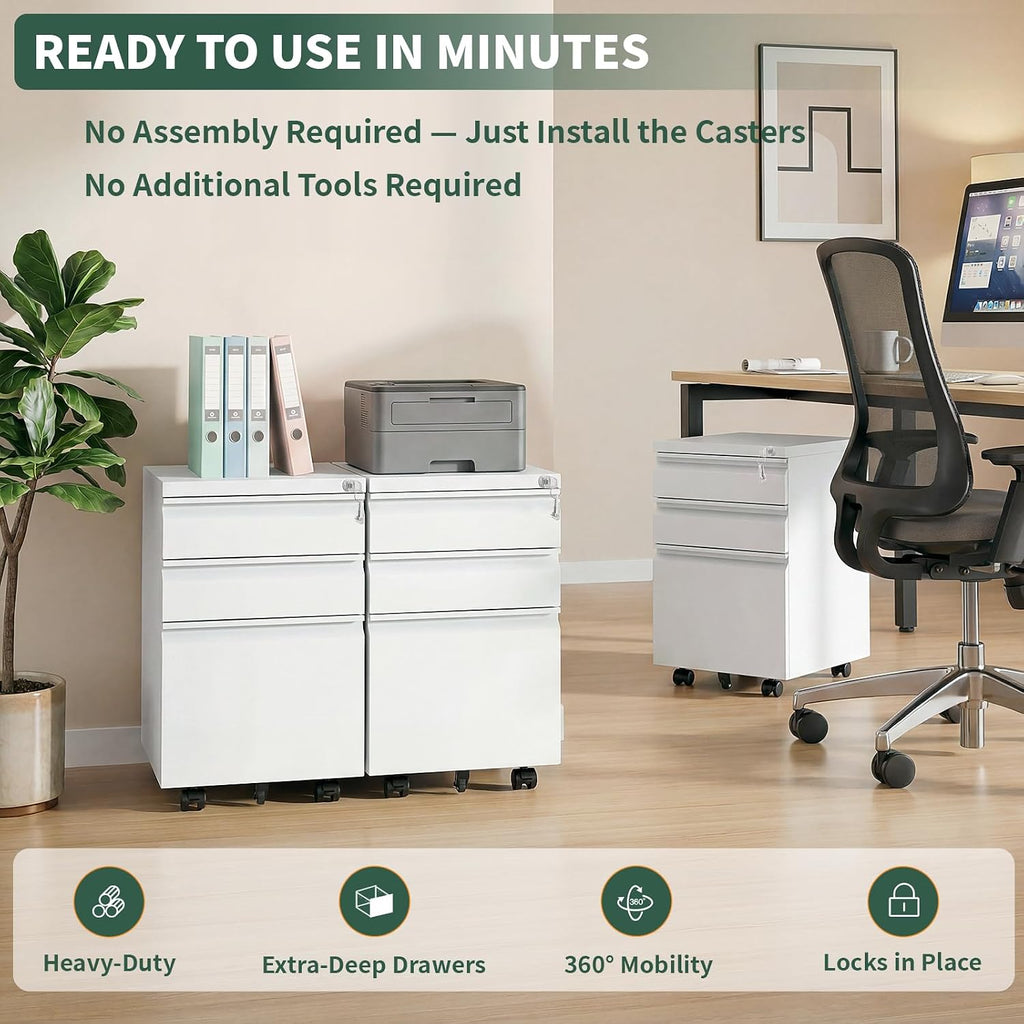 Small File Cabinet ,Metal Mobile Filing Cabinet | Fully Assembled,Under Desk,Rolling,Central Locking System,3