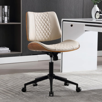 Office Chair No Arms with Wheels, Mid Back Walnut Style, Beige