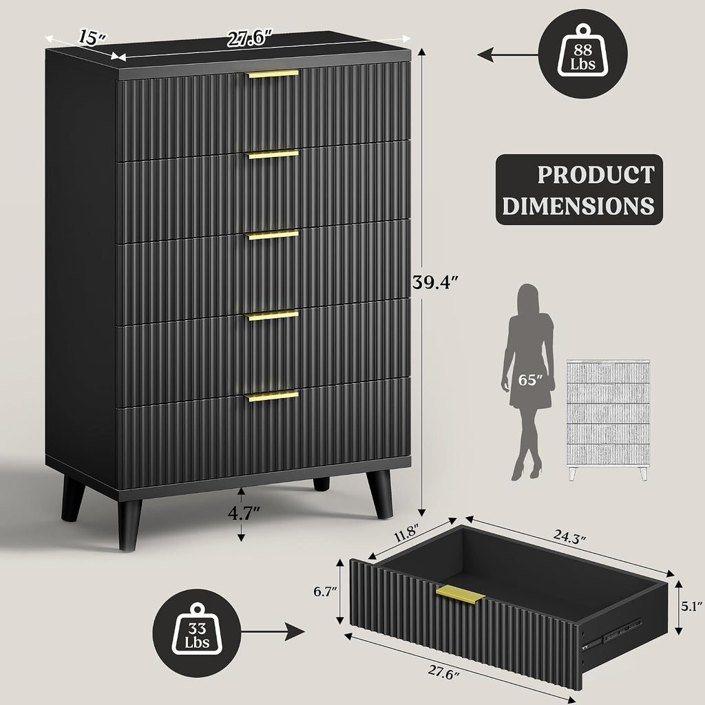 Black Dresser Wood Tall Dressers Drawers, Fluted Modern Dresser 5 Drawers Black