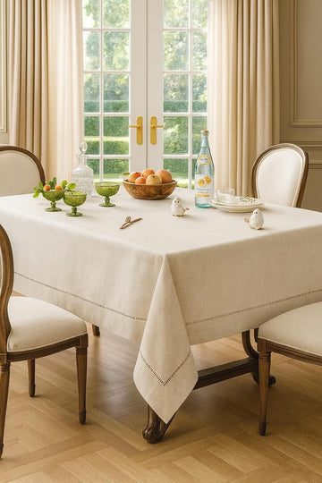 Toscana Contemporary Hemstitched Linen Blend 60 x 60 Inch Table Cloth for Dinner Table, Parties, Wed