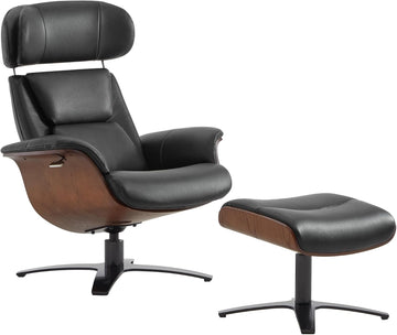 Modern Reclining Swivel Lounge Chair and Ottoman — Black Genuine Leather