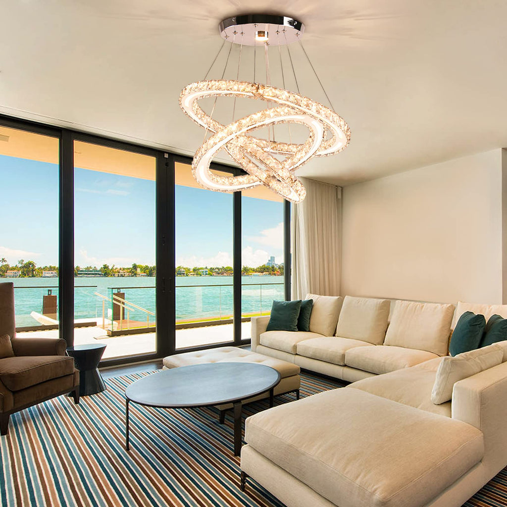 3-Ring Acrylic Crystal Chandelier, Modern Ceiling Light Fixture