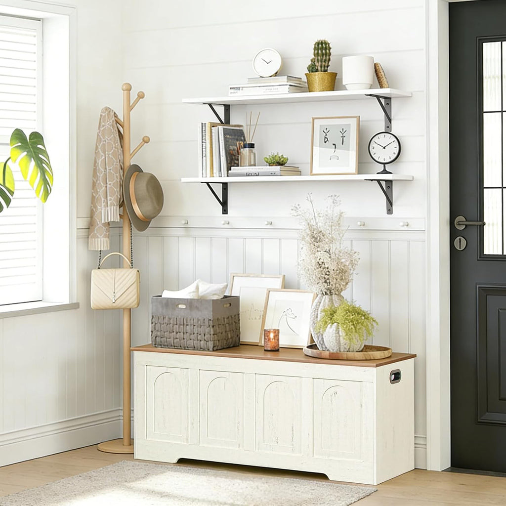 Storage Chest, Wooden Toy Box with Lid, 2 Soft-Close Hinges 47.2" | Farmhouse Storage Bench, Finger-safe Flip-Top