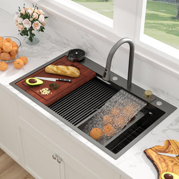 36 Inch Waterfall Kitchen Sink Workstation - 36x22 Black Waterfall Drop In Sink Stainless Steel 16 Gauge Sink