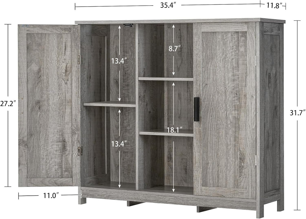 Storage Cabinet with 2 Doors and 4 Adjustable Shelves, Buffet Cabinet with Storage, Floor Cabinet , Rustic Gray