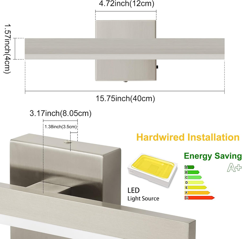 Nickel Bathroom Vanity Light Fixture 15.7'' 20W Dimmable 5CCT LED Hardwired | Bathroom Light Fixture Over Mirror