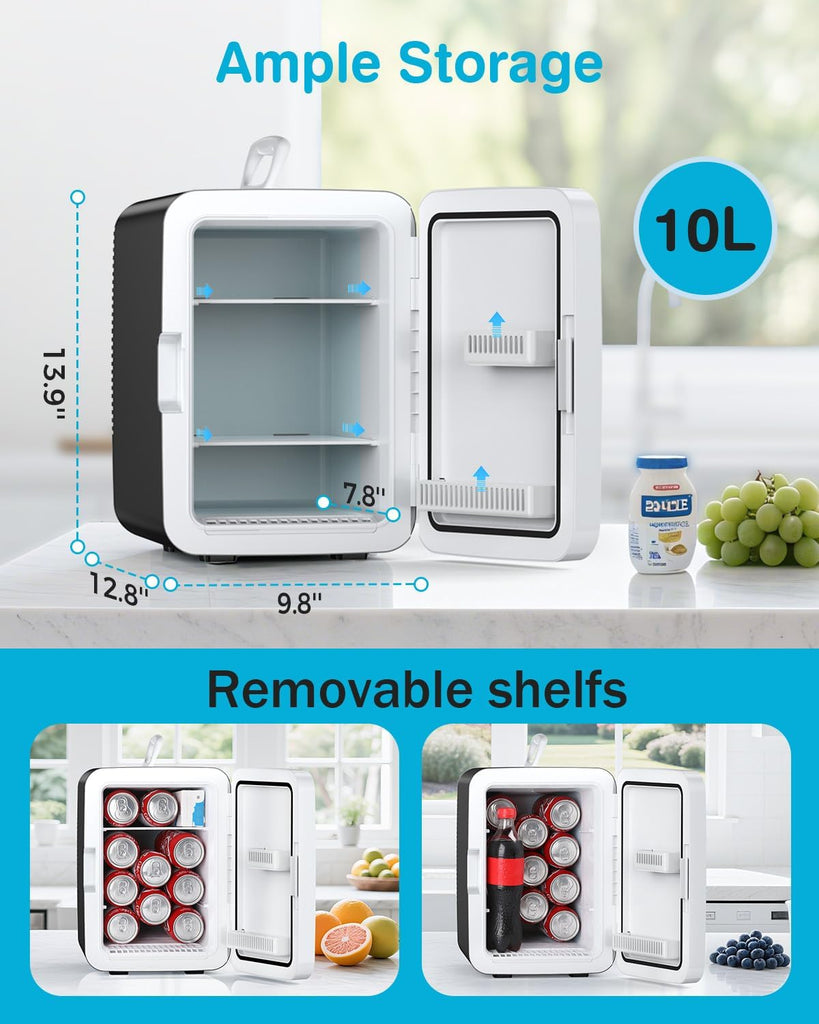 Compact Mini Fridge, 10L Portable Small Refrigerator, 2.6 Gal Mini Fridge with AC/DC Adapters, Small Cosmetics Cooler