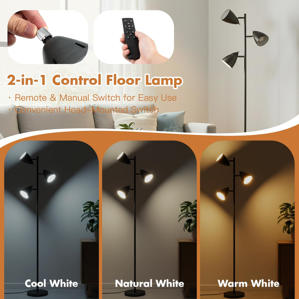 Tree Floor Lamp Industrial 3-Light Floor Lamp Remote
