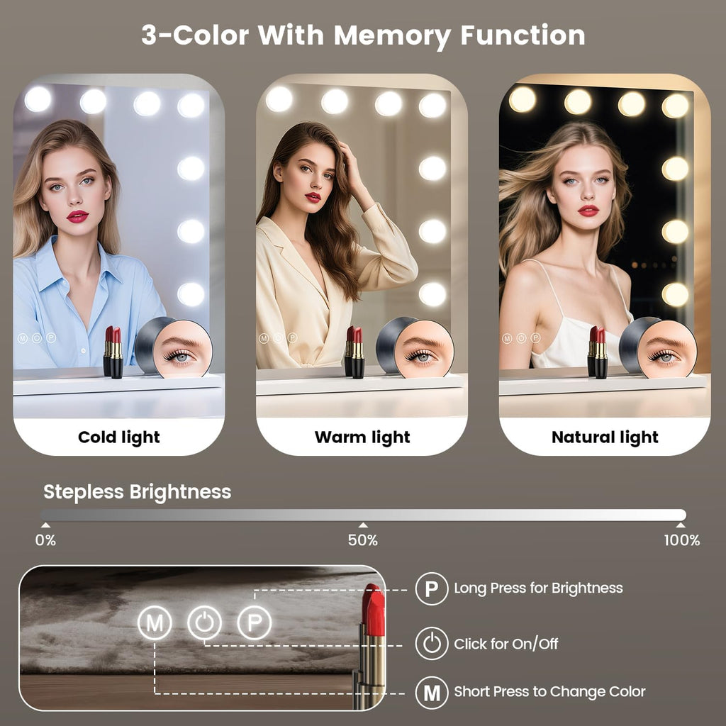 Hollywood Vanity Mirror with 10X/15X Magnification and Lights, USB/Type-C Port Makeup Mirror with 15 Dimmable LED