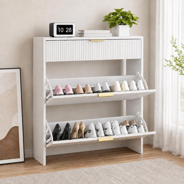 Narrow Fluted Shoe Storage Organizer with Drawer,Gold Handles, Walnut | Shoe Storage Cabinet , Freestanding Drawer