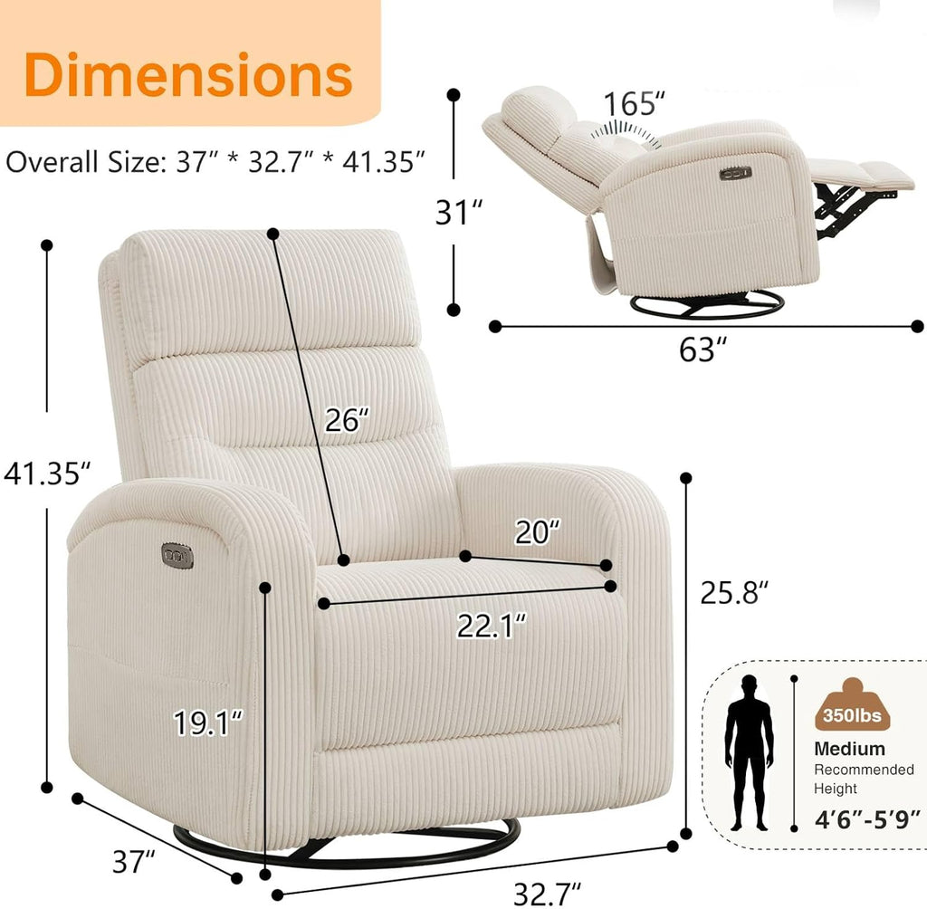 Power Swivel Rocker Recliner,reclining rocking chair,CreamWhite | 270° Swivel Rocker with Type-C & USB Port Double