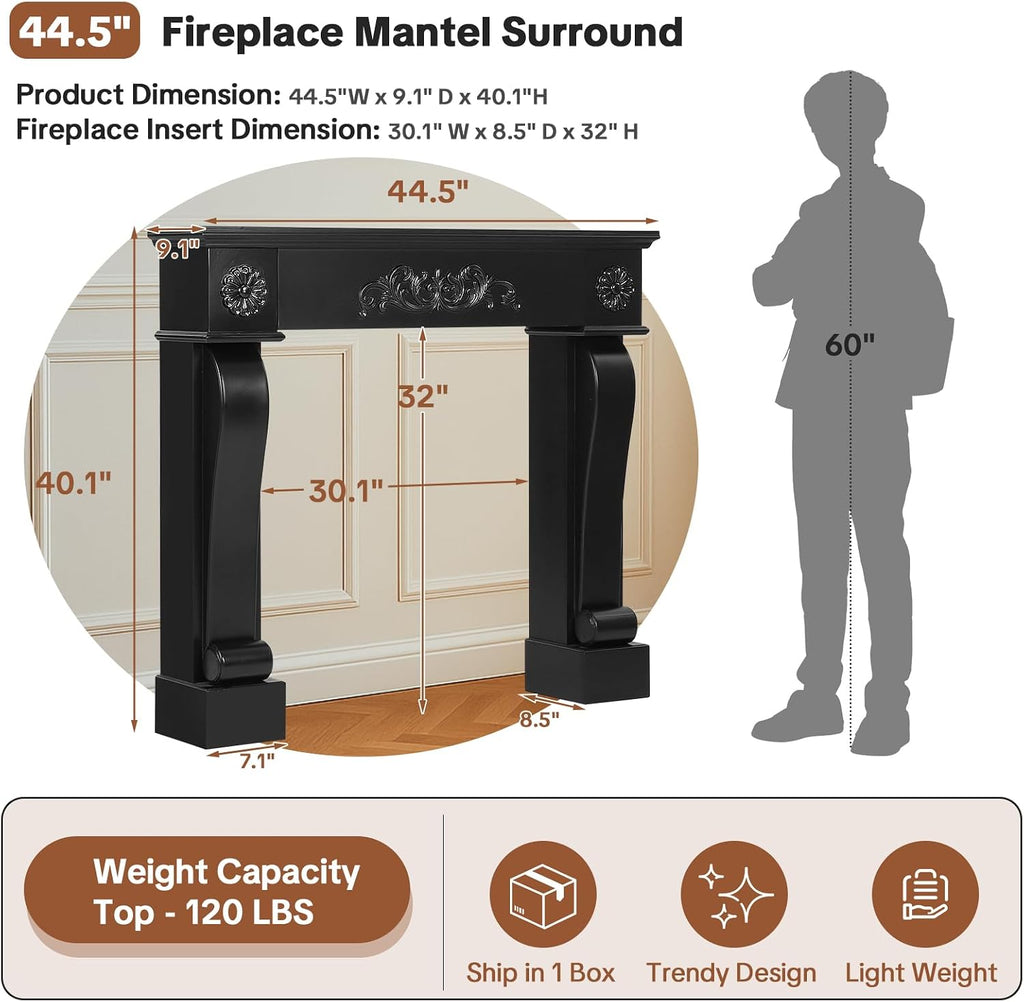 44.5", Freestanding Fireplace Surround with Leg for Electric Fireplaces, MDF Mantel Surround with Shelf for Living