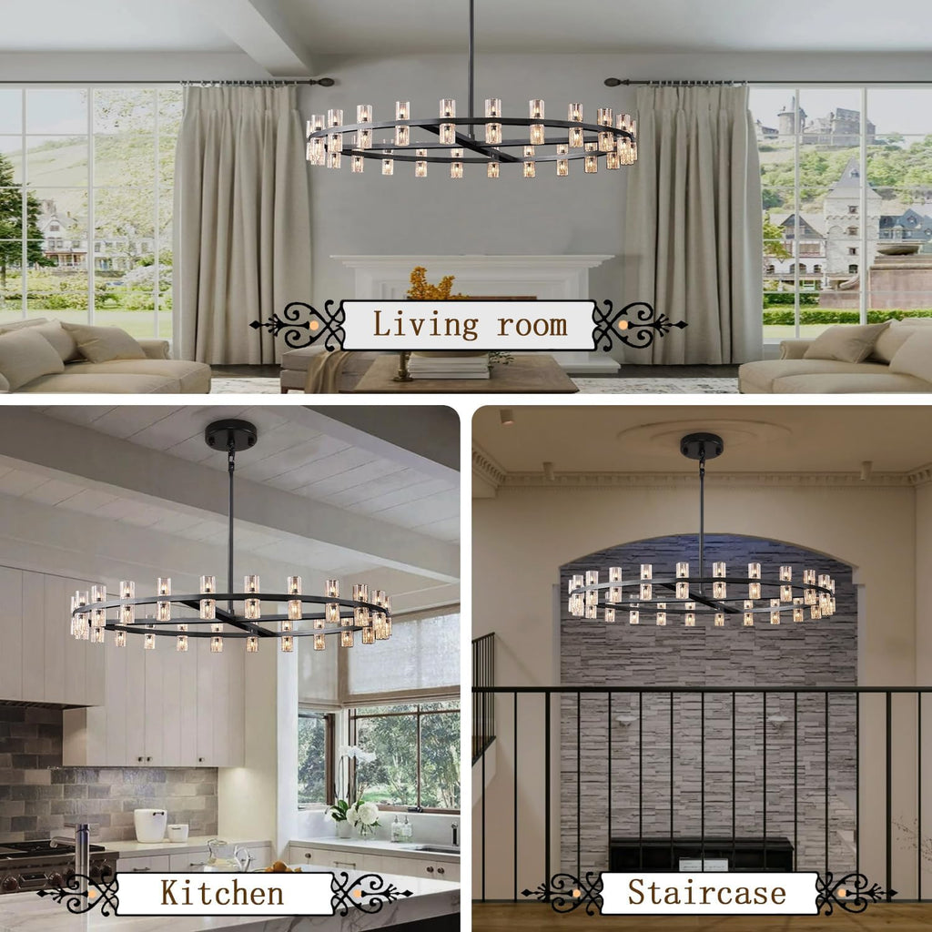 Inspired Arcachon Style Round Wagon Wheel Chandelier, 40" 40-Light Black, Crystal Shades — Foyer, Dining & Living Room