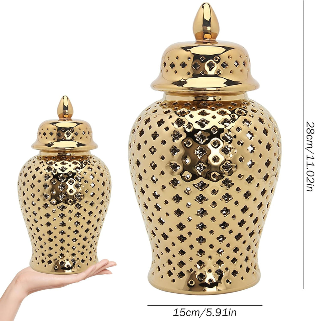 Gold Ceramic Ginger Jar with Lid Lattice 5.9x11inch Hollow Decorative Minimalist Ginger Jars Decor Vase Living Room
