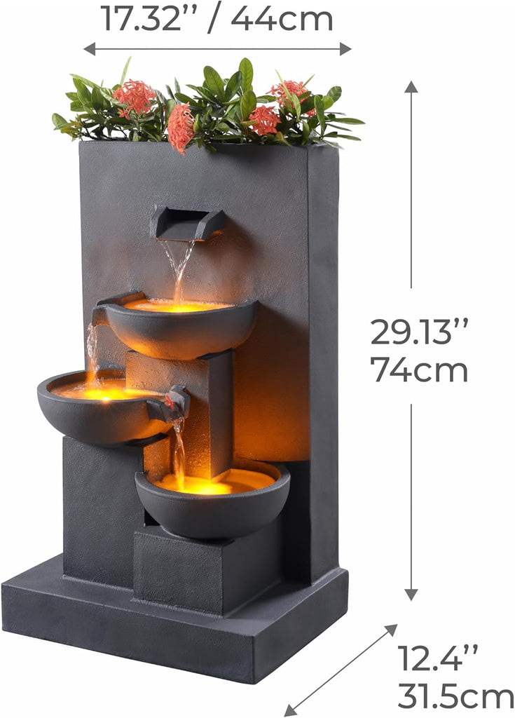 29.13" 3-Tier Cascading Outdoor Water Fountain with Planter, LED Lights Living Spaces, Matte Gray