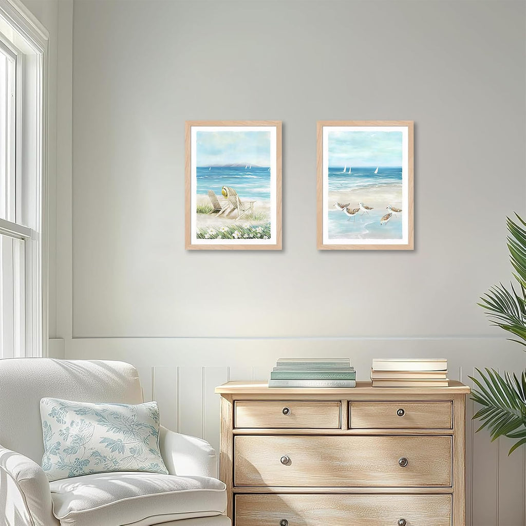 Framed Beach Wall Art Set of 2, Coastal Canvas Prints with Solid Wood Frame & Acrylic Cover, Ocean Seaside Painting