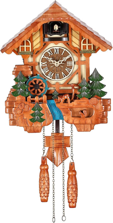 Kintrot Cuckoo Clock, Handcrafted Traditional Black Forest Chalet Style Wooden Wall Clock with Singing Bird, Rotating Waterwheel, and 12...