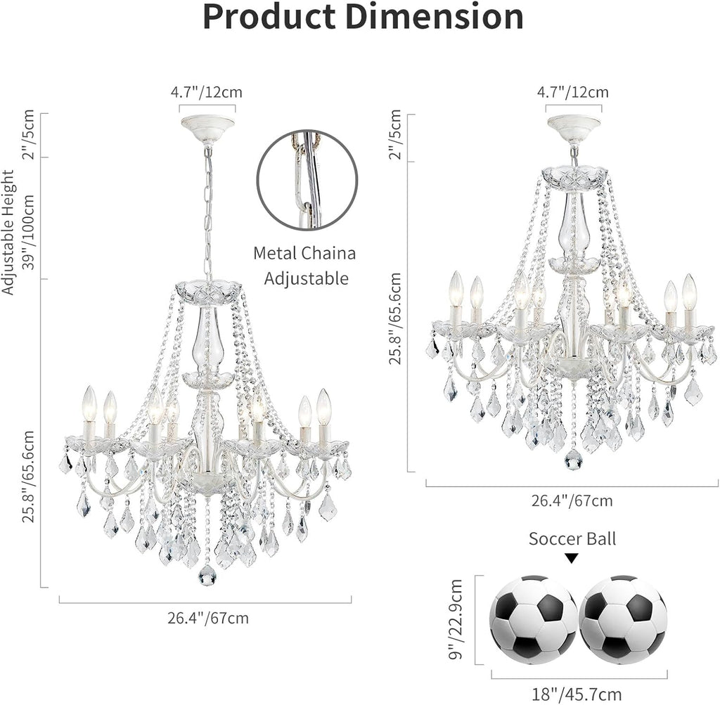 8-Light White Crystal Chandelier - Modern Candle Style Pendant Light, 26.4" W x 25.8" H