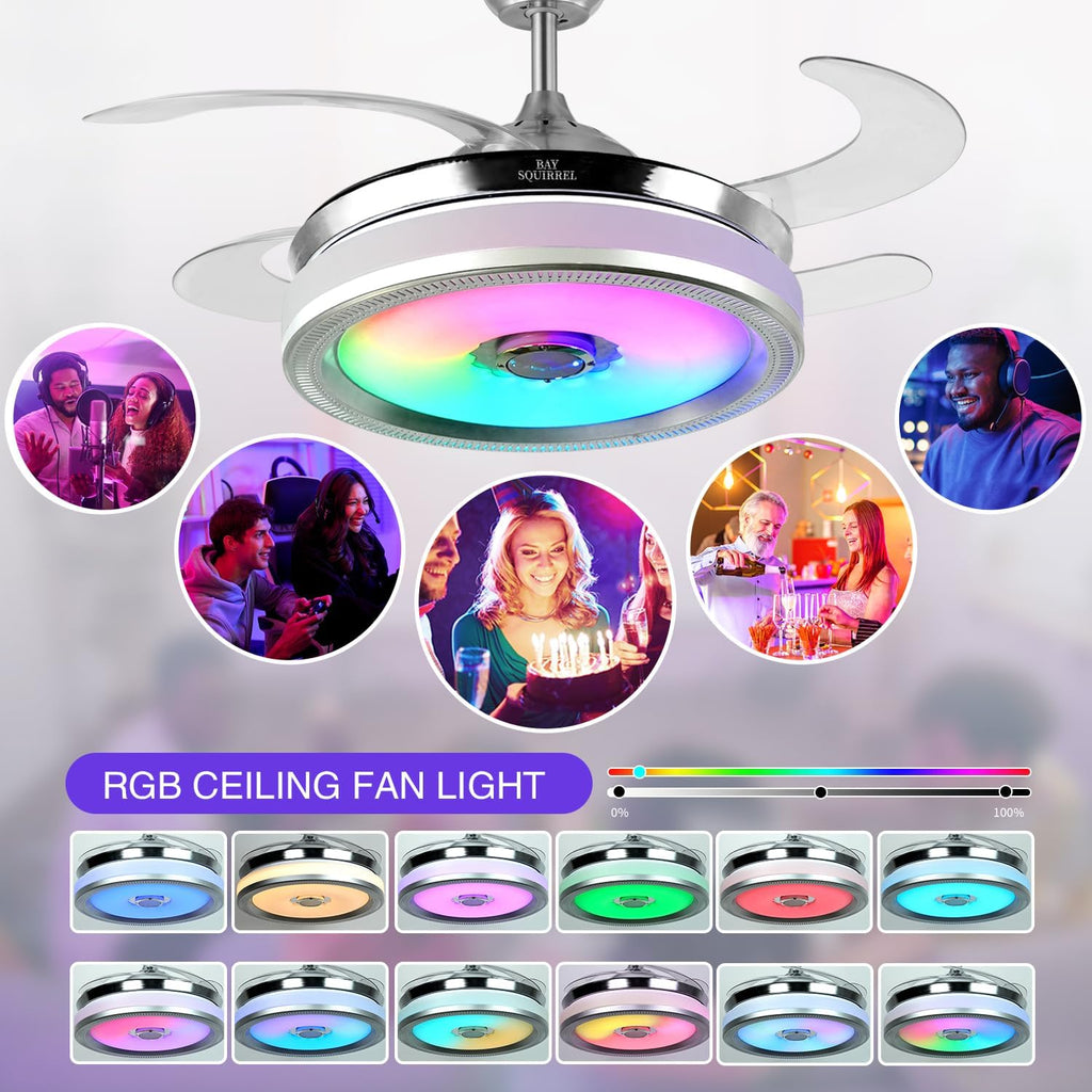 Retractable Bluetooth Ceiling Fan with Light and Speaker, Flush Mount Ceiling Fans