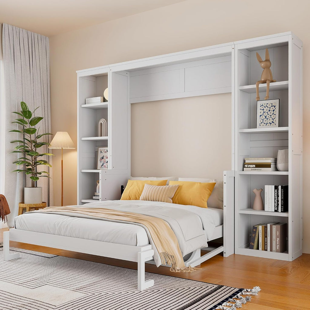 Queen Murphy Bed with Desk and Storage Shelves,Pine Wood Vertical Murphy Wall Bed Cabinet with Storage Bookcase