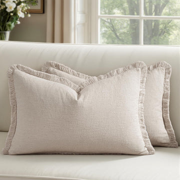 12x20 Inch Set of 2 Lumbar Linen Fringe Pillow Covers, Natural Beige