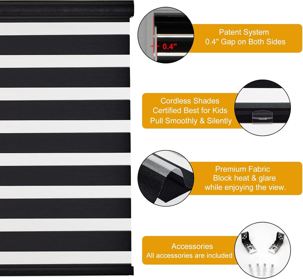 Cordless Zebra Blinds for Windows (34" W X 64" H, Black) Free-Stop Windows Shades Dual Layer Light Control for Day