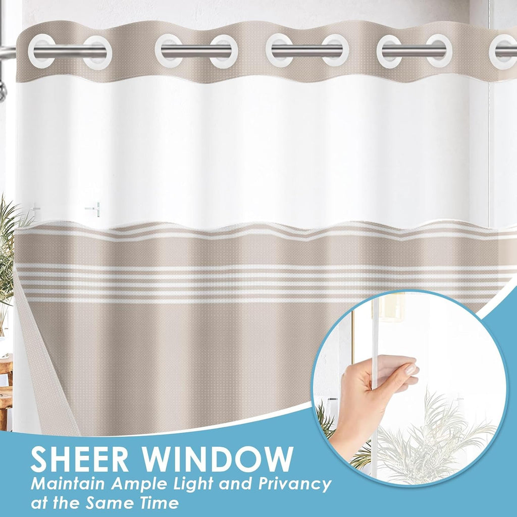 No Hook Shower Curtain with Snap in Fabric Liner Set, Striped Beige Waffle Weave Ombre Heavy Duty Bathroom Curtain