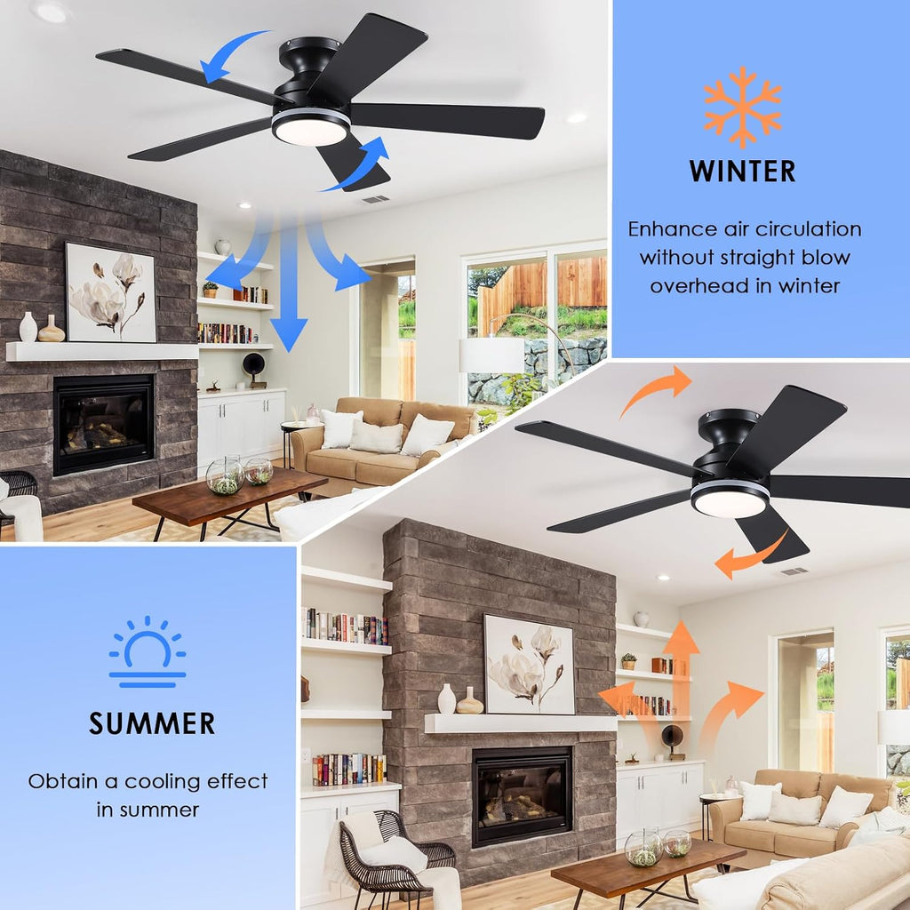 46In RGB Ceiling Fans with Lights - Black Flush Mount Ceiling Fan Light with Remote/APP, RGB+3CCT 6 Wind Speeds, Modern Low Profile Fan Light Fixture for Party, Kid's Room