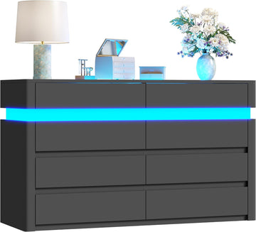 8 Drawer Dresser with LED Lights, Black Dresser with Glass Top Modern Chest of Drawers for Closet Modern Double Wide