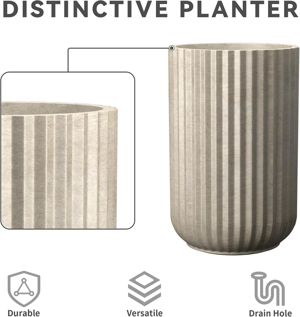 Large Round Column Weathered Concrete Planter 21.7" Tall, Outdoor | Fluted, Rubber Plug for Indoor, Drainage for