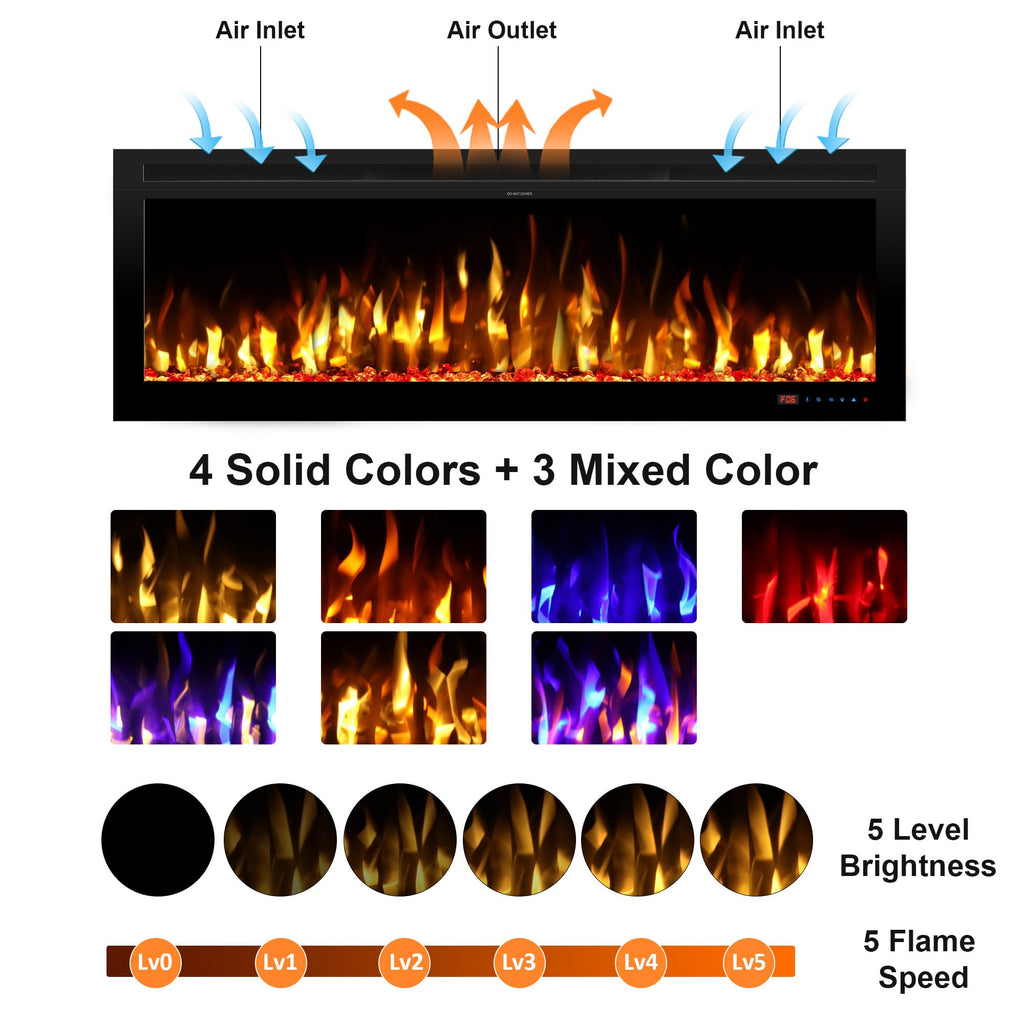 54" Electric Fireplace, Wall Mounted & Insert Electric Fireplace, W/Mixed Color Flame, Adjustable Brightness & Speed